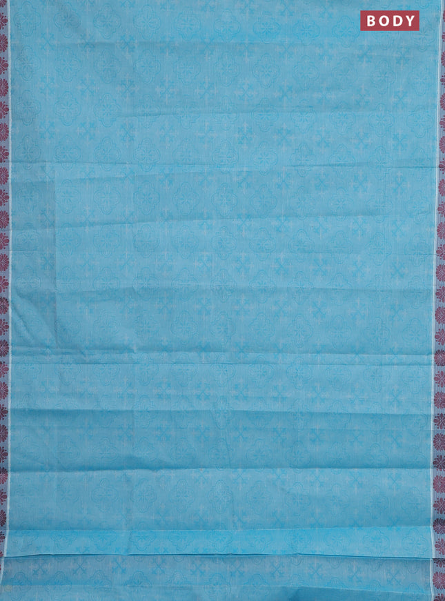 Coimbatore cotton saree teal blue and maroon with allover self emboss and thread woven border