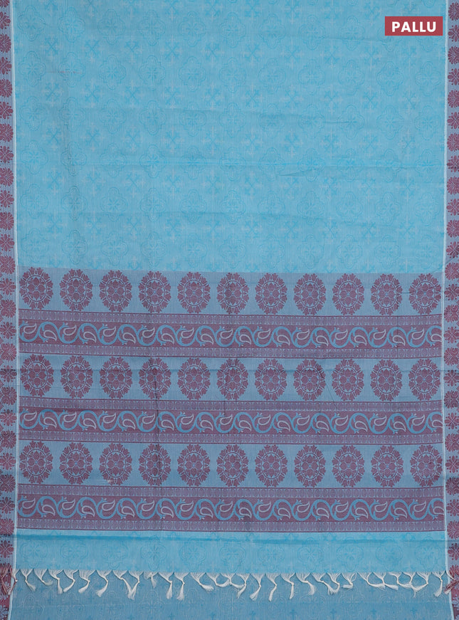 Coimbatore cotton saree teal blue and maroon with allover self emboss and thread woven border