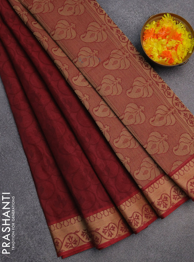 Coimbatore cotton saree deep maroon and sandal with allover self emboss and thread woven border