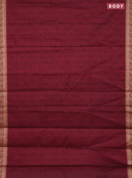 Coimbatore cotton saree deep maroon and sandal with allover self emboss and thread woven border