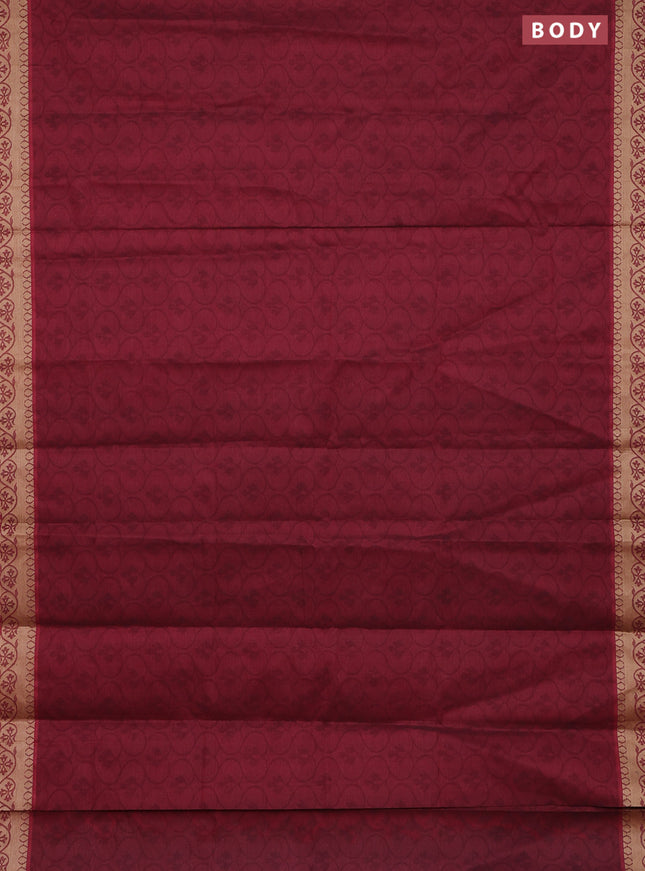 Coimbatore cotton saree deep maroon and sandal with allover self emboss and thread woven border