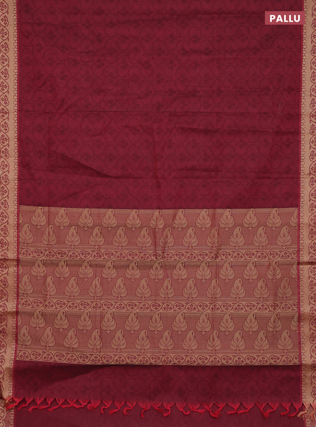 Coimbatore cotton saree deep maroon and sandal with allover self emboss and thread woven border