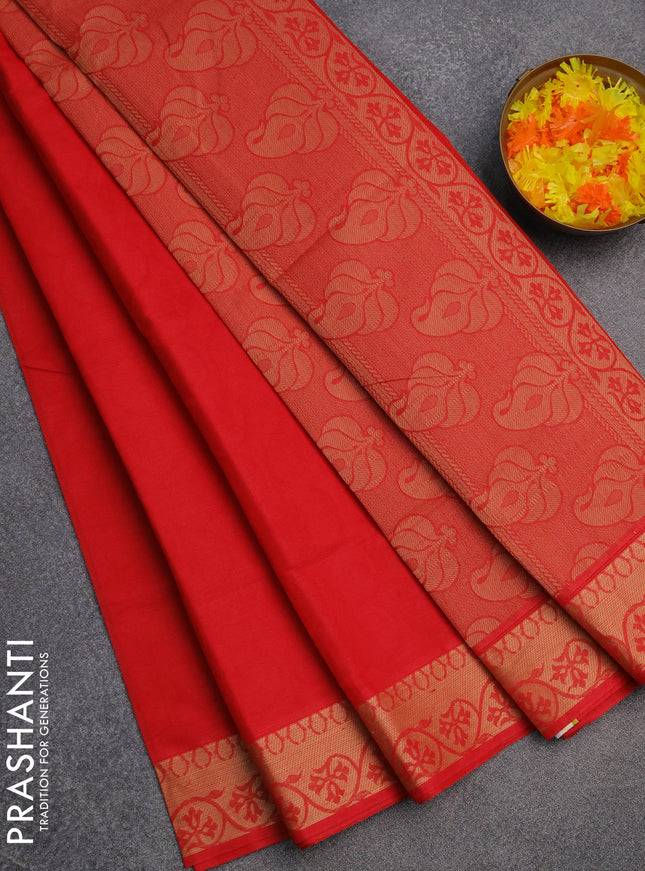 Coimbatore cotton saree red with allover self emboss and thread woven border