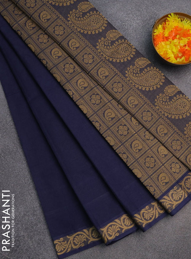 Coimbatore cotton saree navy blue and sandal with allover self emboss and thread woven border