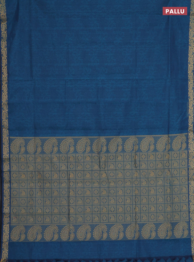 Coimbatore cotton saree cs blue and sandal with allover self emboss and thread woven border