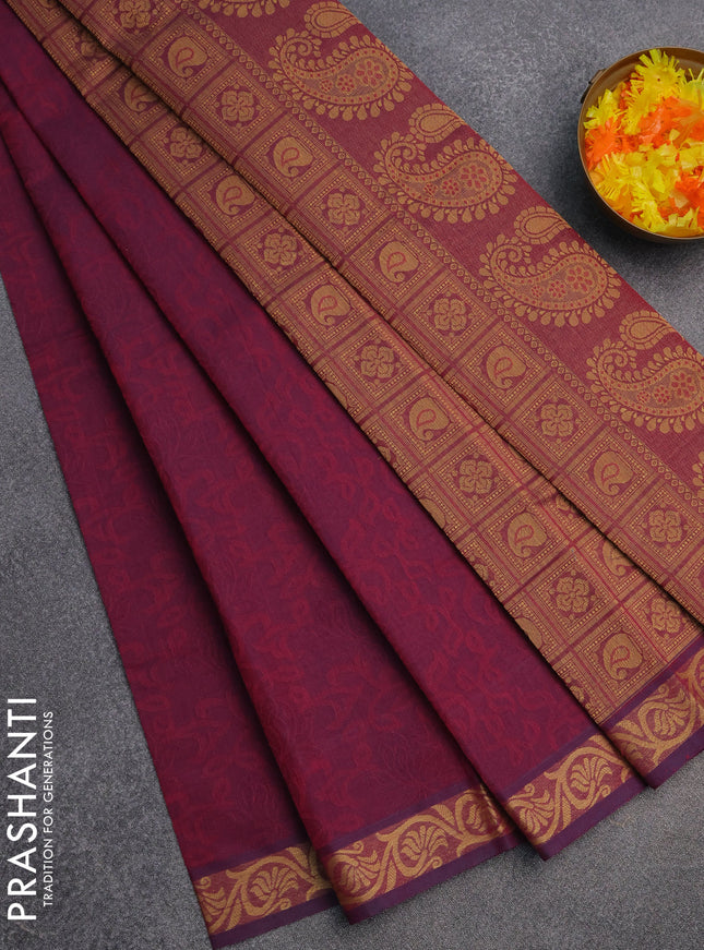 Coimbatore cotton saree dark magenta pink and sandal with allover self emboss and thread woven border