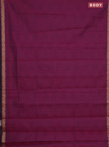 Coimbatore cotton saree dark magenta pink and sandal with allover self emboss and thread woven border