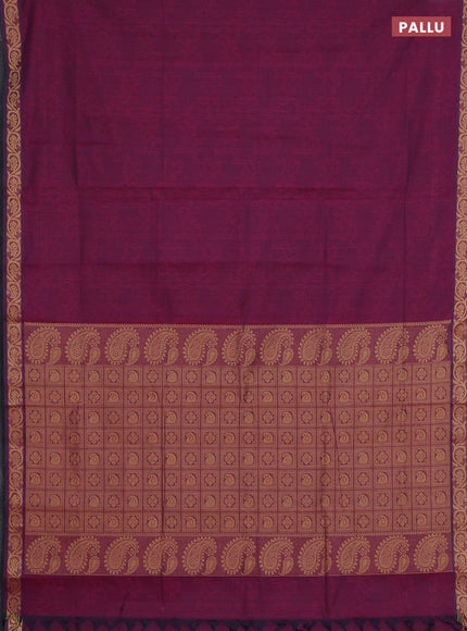 Coimbatore cotton saree dark magenta pink and sandal with allover self emboss and thread woven border
