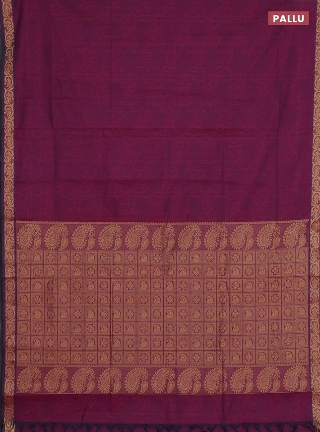 Coimbatore cotton saree dark magenta pink and sandal with allover self emboss and thread woven border