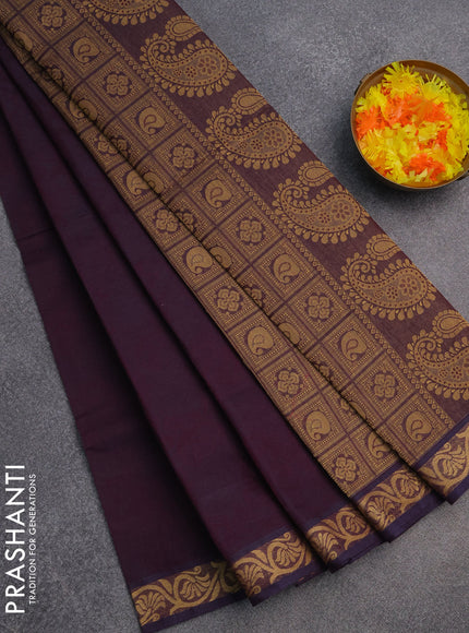 Coimbatore cotton saree wine shade and sandal with allover self emboss and thread woven border