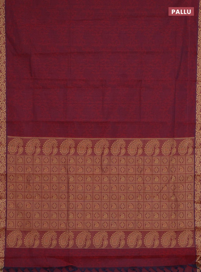 Coimbatore cotton saree dual shade of maroon and sandal with allover self emboss and thread woven border