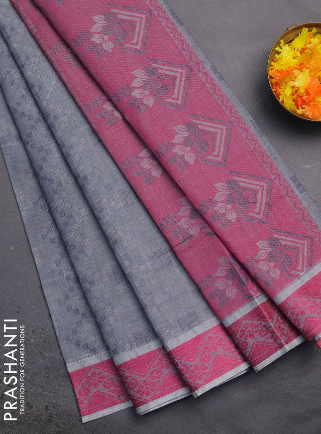 Coimbatore cotton saree grey and pink with allover self emboss and thread woven border