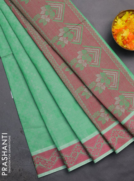 Coimbatore cotton saree green and pink with allover self emboss and thread woven border