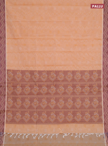 Coimbatore cotton saree pale orange and coffee brown with allover self emboss and thread woven border