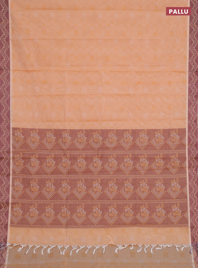 Coimbatore cotton saree pale orange and coffee brown with allover self emboss and thread woven border