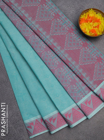 Coimbatore cotton saree teal blue and pink with allover self emboss and thread woven border