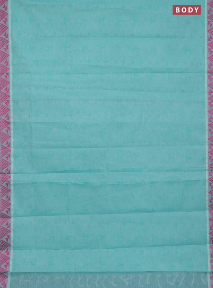 Coimbatore cotton saree teal blue and pink with allover self emboss and thread woven border