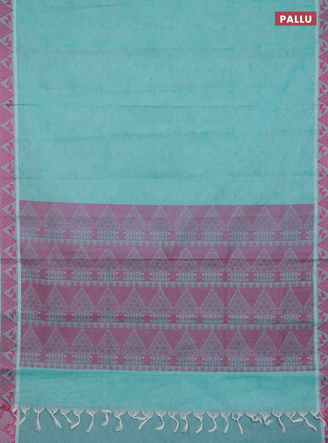 Coimbatore cotton saree teal blue and pink with allover self emboss and thread woven border