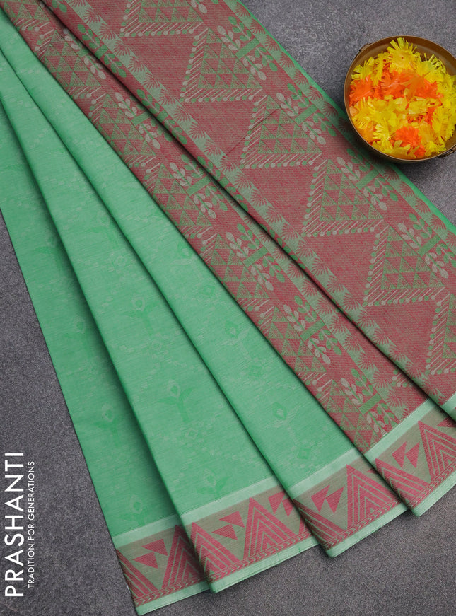 Coimbatore cotton saree green and pink with allover self emboss and thread woven border