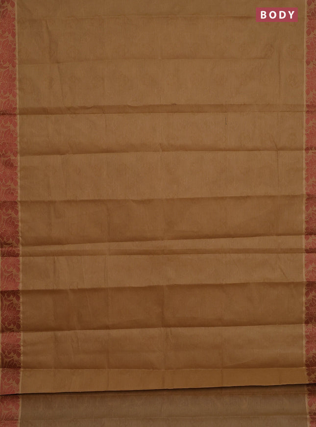 Coimbatore cotton saree dark sandal and brown with allover self emboss and thread woven border