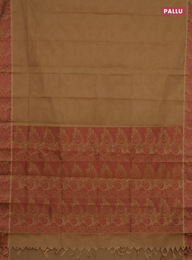 Coimbatore cotton saree dark sandal and brown with allover self emboss and thread woven border