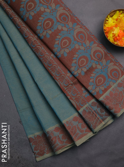Coimbatore cotton saree dual shade of blue and brown with allover self emboss and thread woven border
