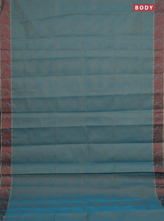Coimbatore cotton saree dual shade of blue and brown with allover self emboss and thread woven border
