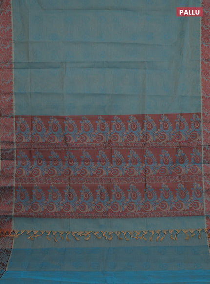 Coimbatore cotton saree dual shade of blue and brown with allover self emboss and thread woven border