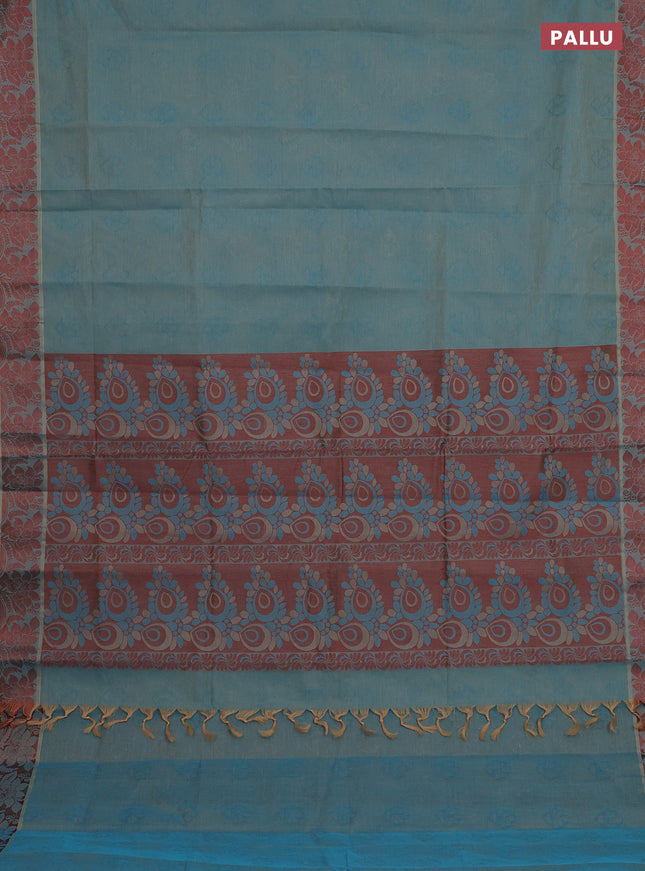 Coimbatore cotton saree dual shade of blue and brown with allover self emboss and thread woven border
