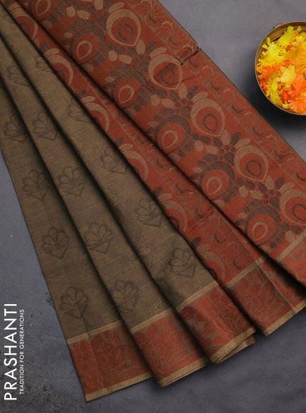 Coimbatore cotton saree chikku shade and brown with allover self emboss and thread woven border