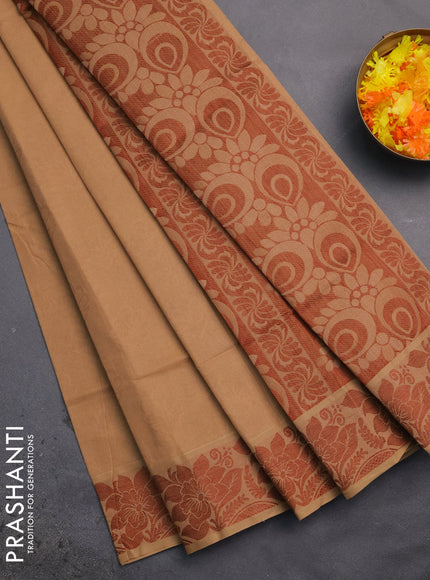 Coimbatore cotton saree sandal and brown with allover self emboss and thread woven border
