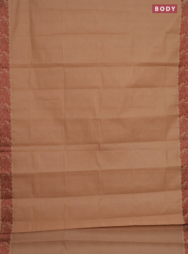 Coimbatore cotton saree sandal and brown with allover self emboss and thread woven border