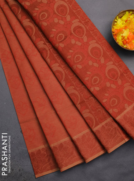 Coimbatore cotton saree rust shade and brown with allover self emboss and thread woven border