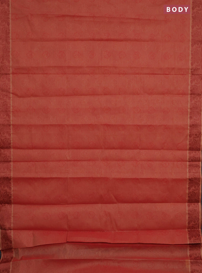 Coimbatore cotton saree rust shade and brown with allover self emboss and thread woven border