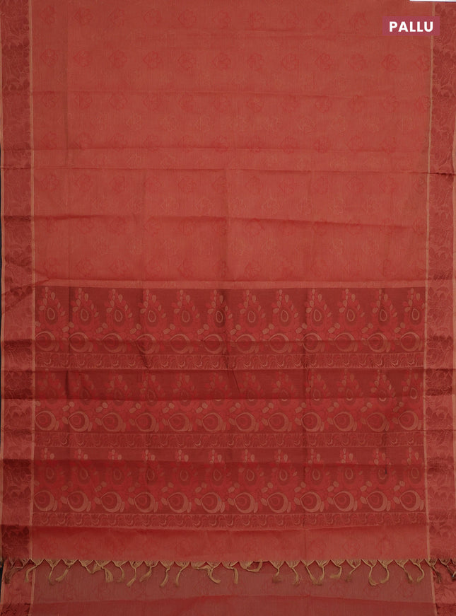 Coimbatore cotton saree rust shade and brown with allover self emboss and thread woven border