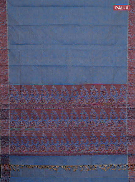 Coimbatore cotton saree dual shade of blue and brown with allover self emboss and thread woven border