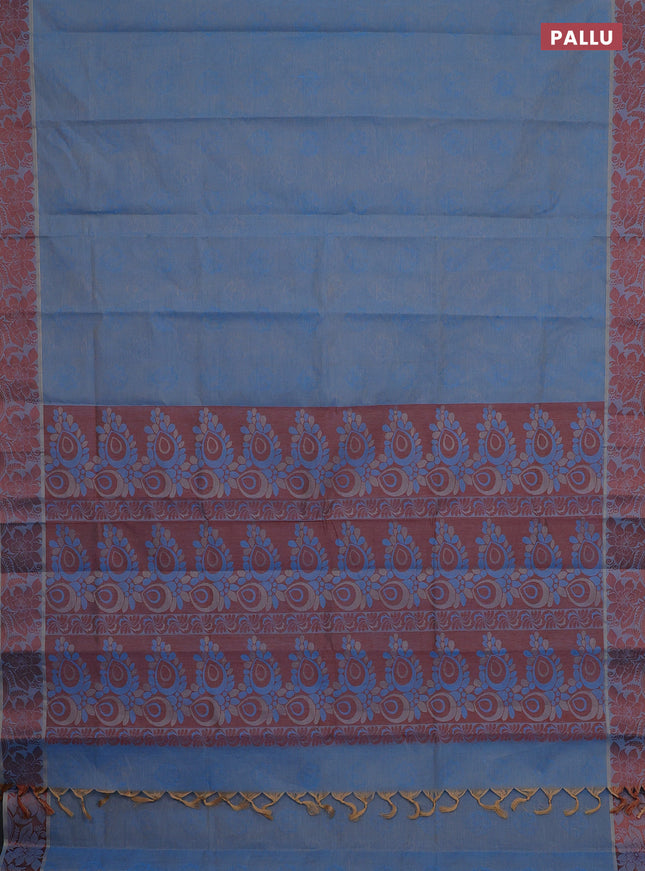 Coimbatore cotton saree dual shade of blue and brown with allover self emboss and thread woven border