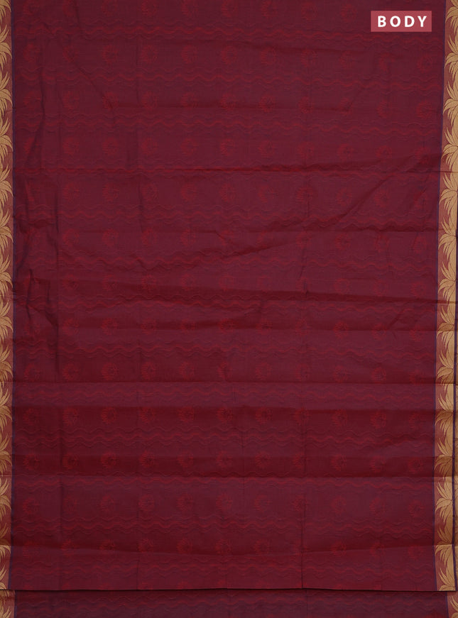 Coimbatore cotton saree dual shade of maroon with allover self emboss and thread woven border