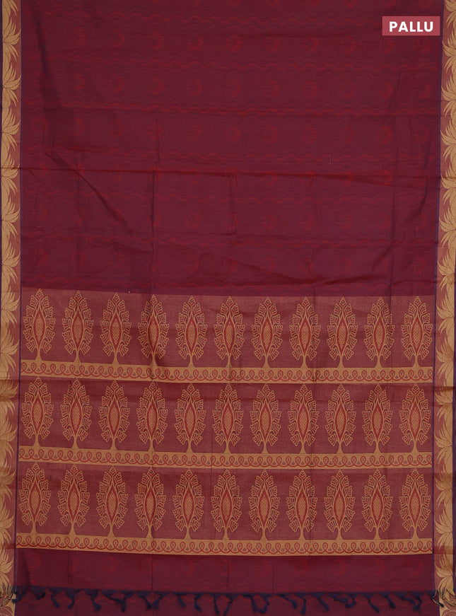 Coimbatore cotton saree dual shade of maroon with allover self emboss and thread woven border