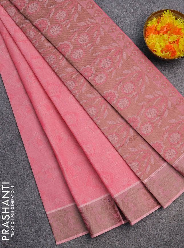 Coimbatore cotton saree light pink and beige with allover self emboss and thread woven border