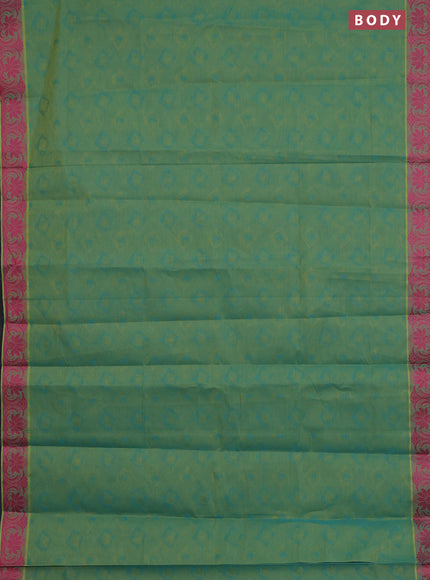 Coimbatore cotton saree dual shade of greenish blue and pink with allover self emboss and thread woven border
