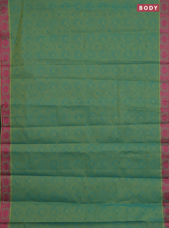 Coimbatore cotton saree dual shade of greenish blue and pink with allover self emboss and thread woven border
