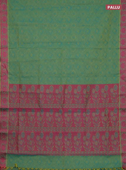 Coimbatore cotton saree dual shade of greenish blue and pink with allover self emboss and thread woven border