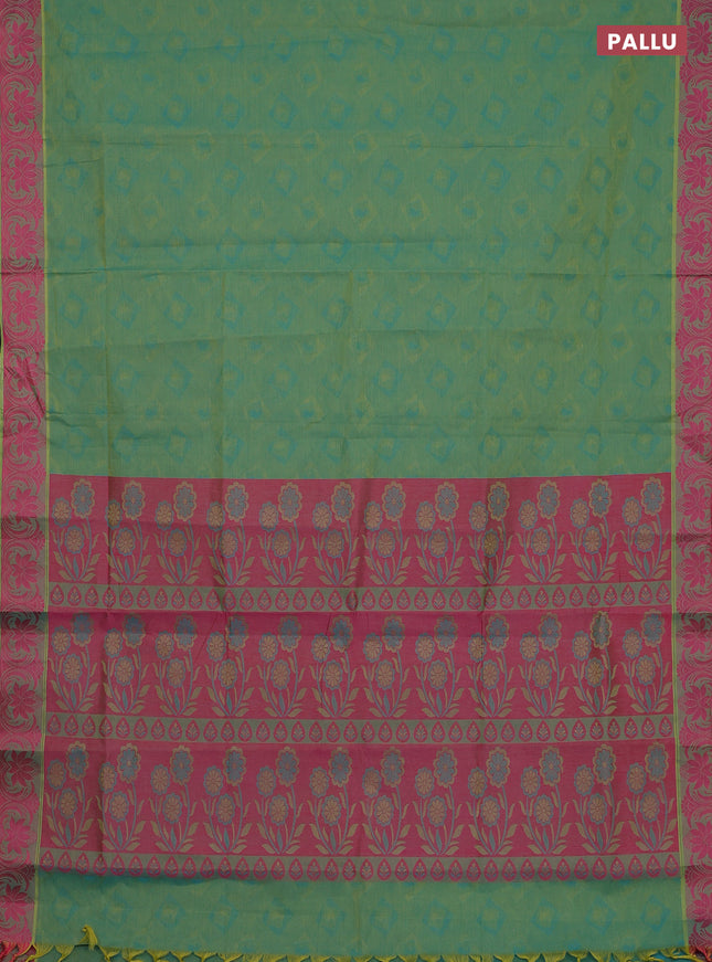 Coimbatore cotton saree dual shade of greenish blue and pink with allover self emboss and thread woven border