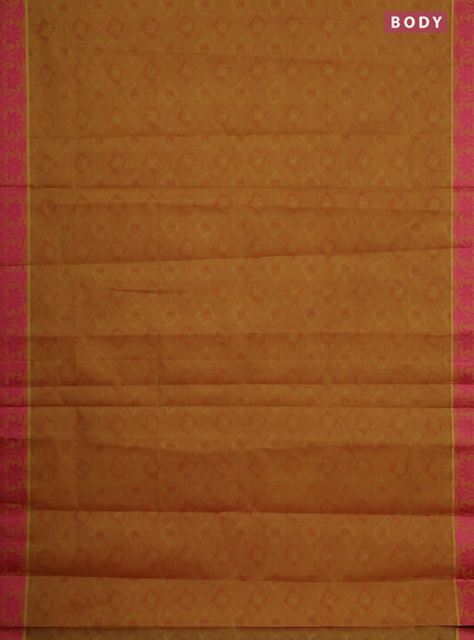 Coimbatore cotton saree dual shade of mustard yellow and pink with allover self emboss and thread woven border