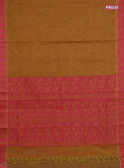 Coimbatore cotton saree dual shade of mustard yellow and pink with allover self emboss and thread woven border