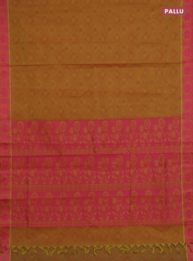 Coimbatore cotton saree dual shade of mustard yellow and pink with allover self emboss and thread woven border
