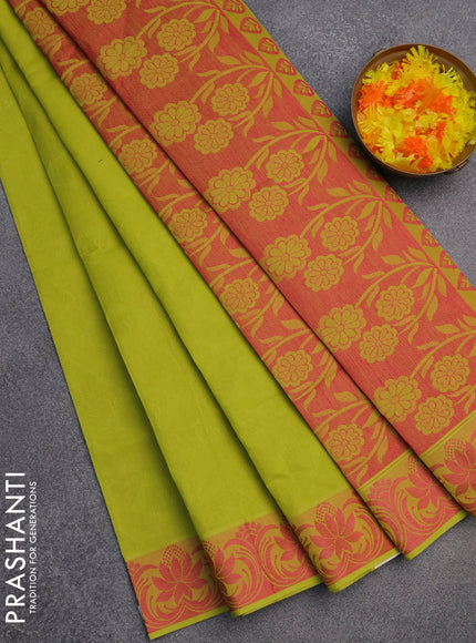 Coimbatore cotton saree fluorescent green and pink with allover self emboss and thread woven border
