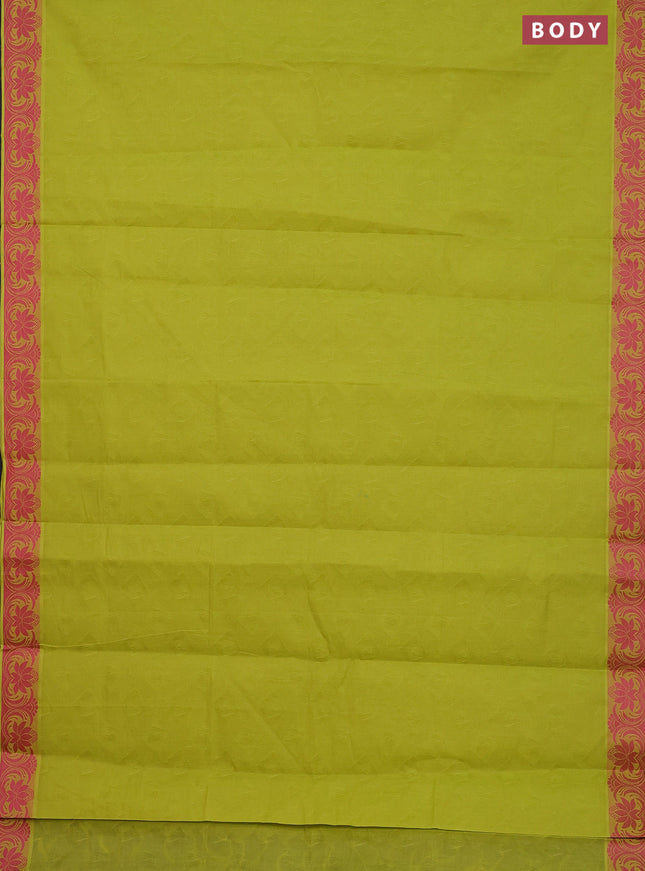 Coimbatore cotton saree fluorescent green and pink with allover self emboss and thread woven border