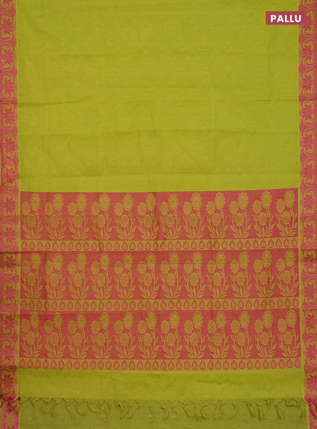 Coimbatore cotton saree fluorescent green and pink with allover self emboss and thread woven border